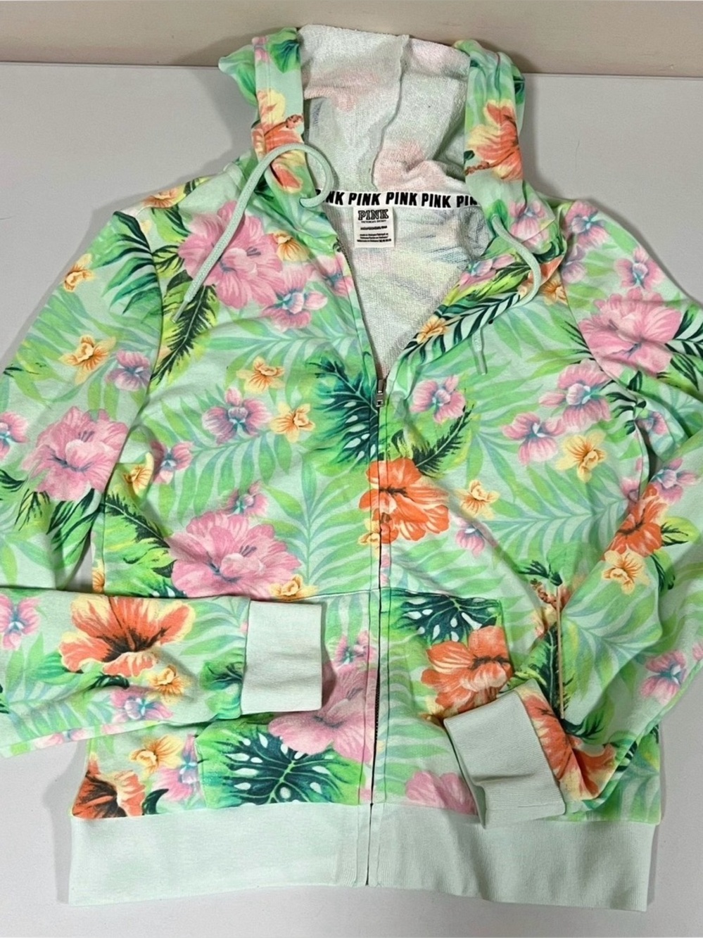 Green Hibiscus Flowers Tropical Floral Zipper Sweater Sweatshirt Hoodie XS 🌸✨
